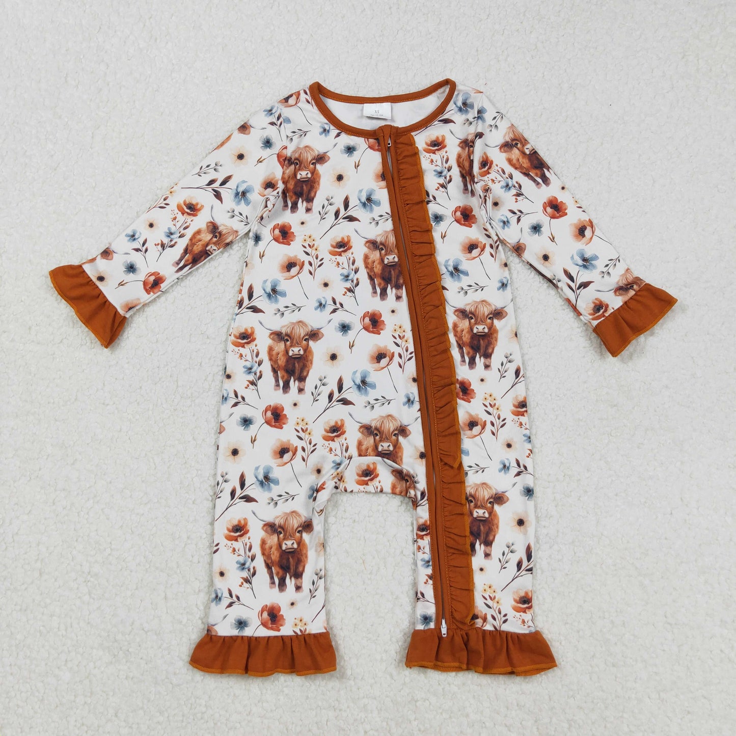 RTS Sibling Baby Girls Long Sleeve Floral Dress Rompers Brown Ruffle Highland Cow Print for Fall Season