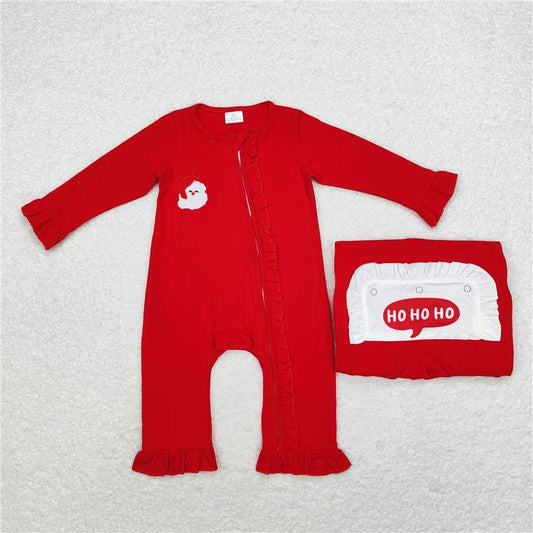 USA Warehouse (IN STOCK) LR1668 Baby Girls Zipper Romper Santa Embroidery Ho Ho Ho Christmas Outfit for Infants