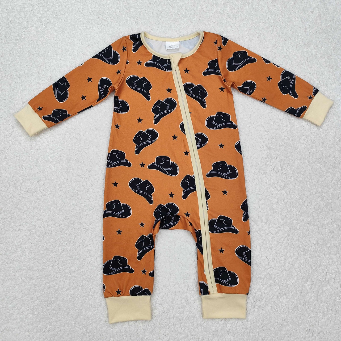 LR1758 Cowboy hat stars brown zipper long sleeve jumpsuit