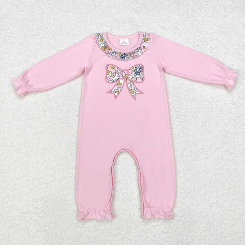10.23 RTS Sibling Embroidery Floral Bows Baby Girls Ruffle Pants Clothes Footie Rompers