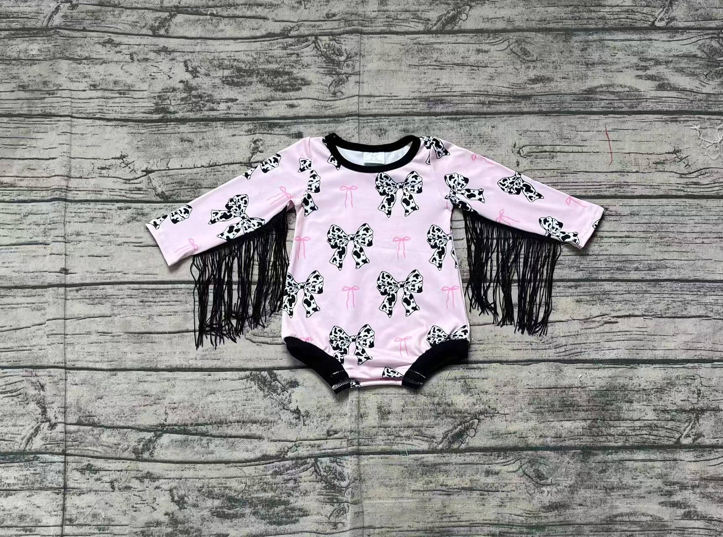 LR1824Pink Cow Print Bow and Tassels Romper Set for Baby Girls