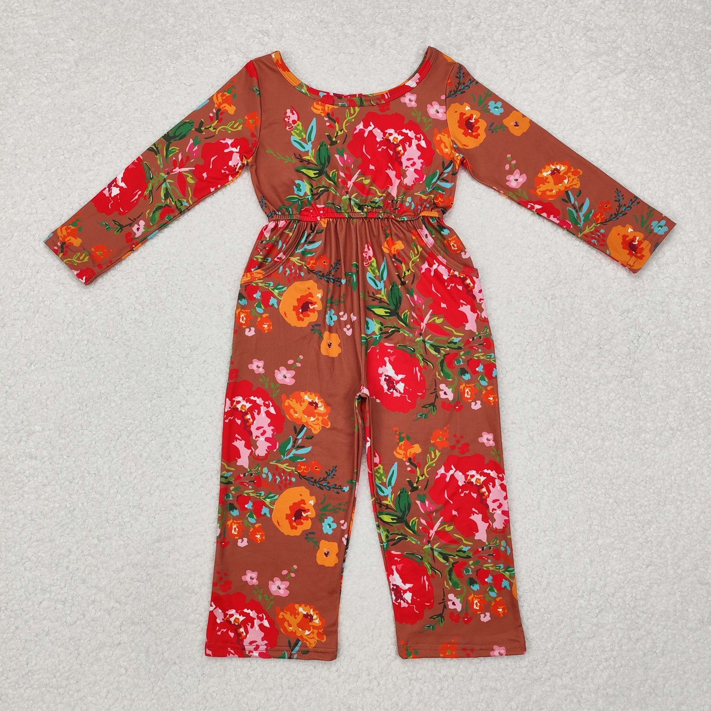 LR1834 Baby Girls Brown Red Flowers Long Sleeve Fall Jumpsuits