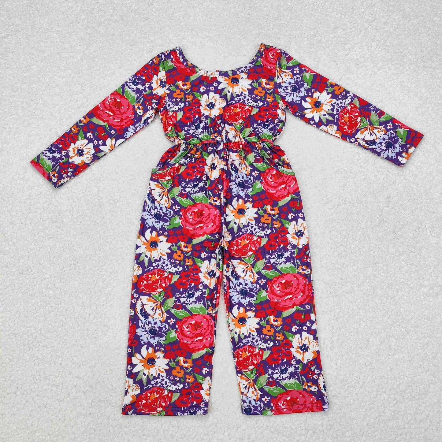 LR1835 Baby Girls Red Purple Flowers Long Sleeve Fall Jumpsuits