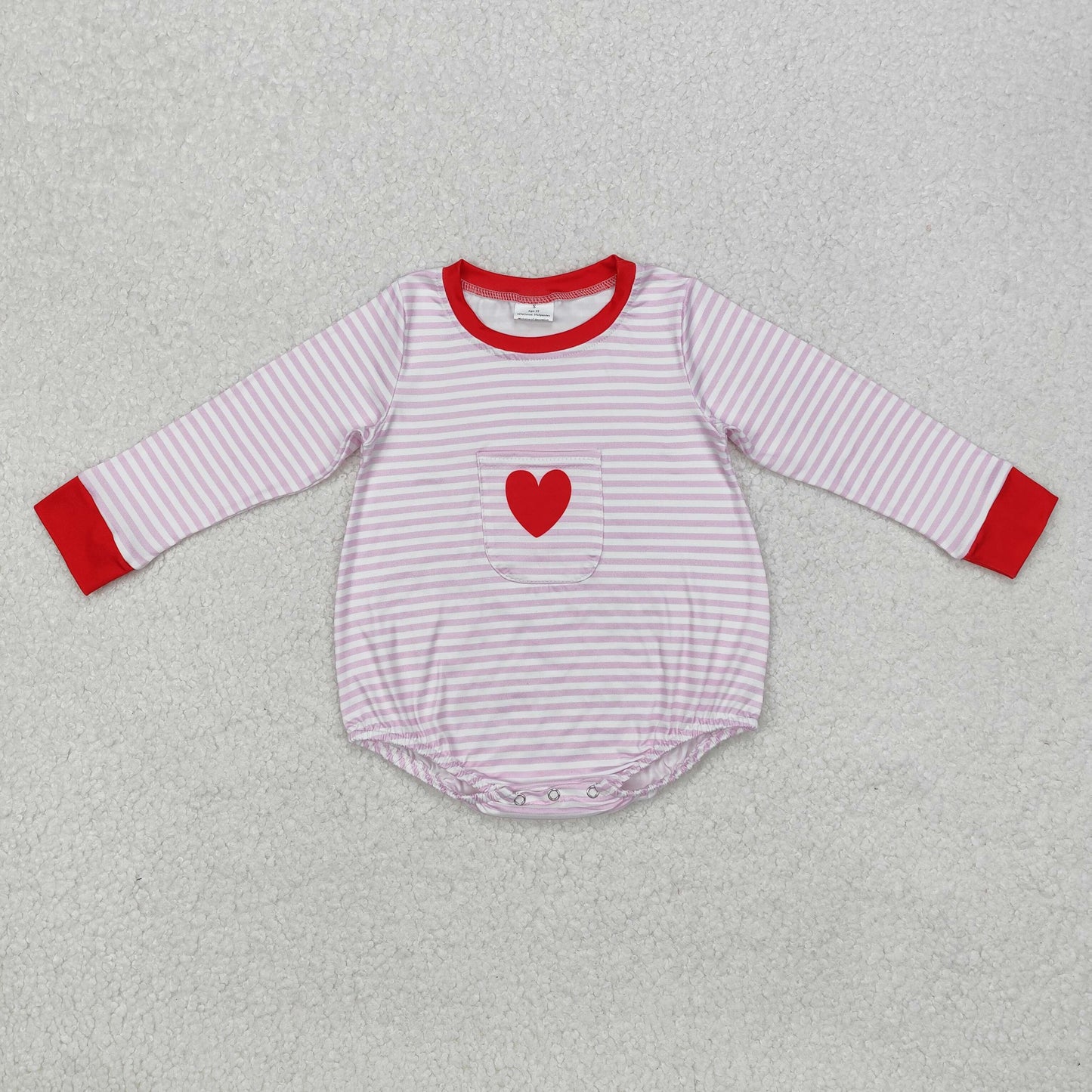 LR1855Pink stripe heart pocket baby girls Valentine's day romper