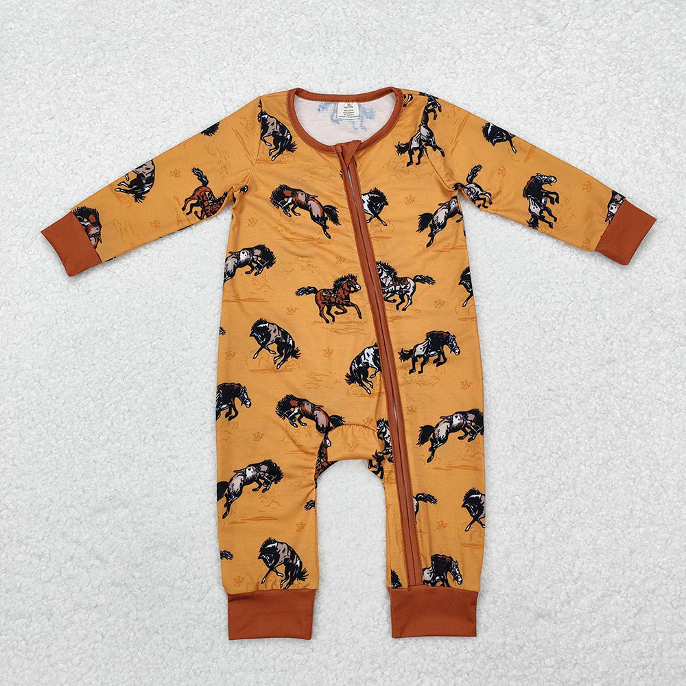 2.6 RTS Sibling Brother Baby Boys Western Horse Bamboo Rompers Pajamas