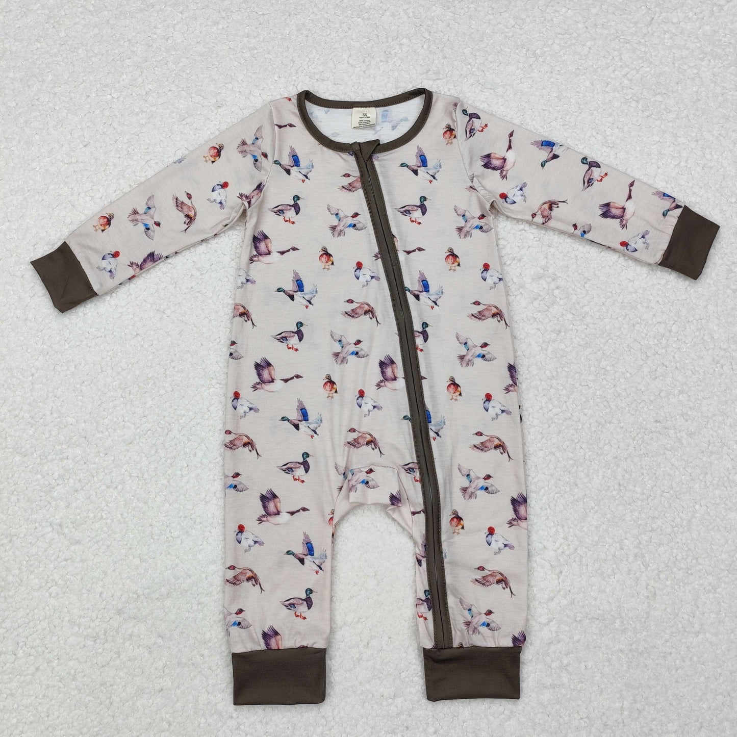 LR1880 RTS NO MOQ Baby Boys Winter Rompers Baby Infant Boys Grey Fall Ducks Hunting Zip Rompers preorder