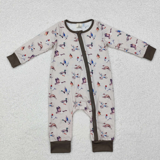 LR1880 RTS NO MOQ Baby Boys Winter Rompers Baby Infant Boys Grey Fall Ducks Hunting Zip Rompers preorder