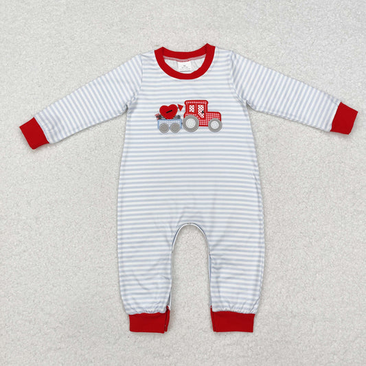 LR1924 Baby Infant Boys Valentines Grey Stripes Hearts Rompers