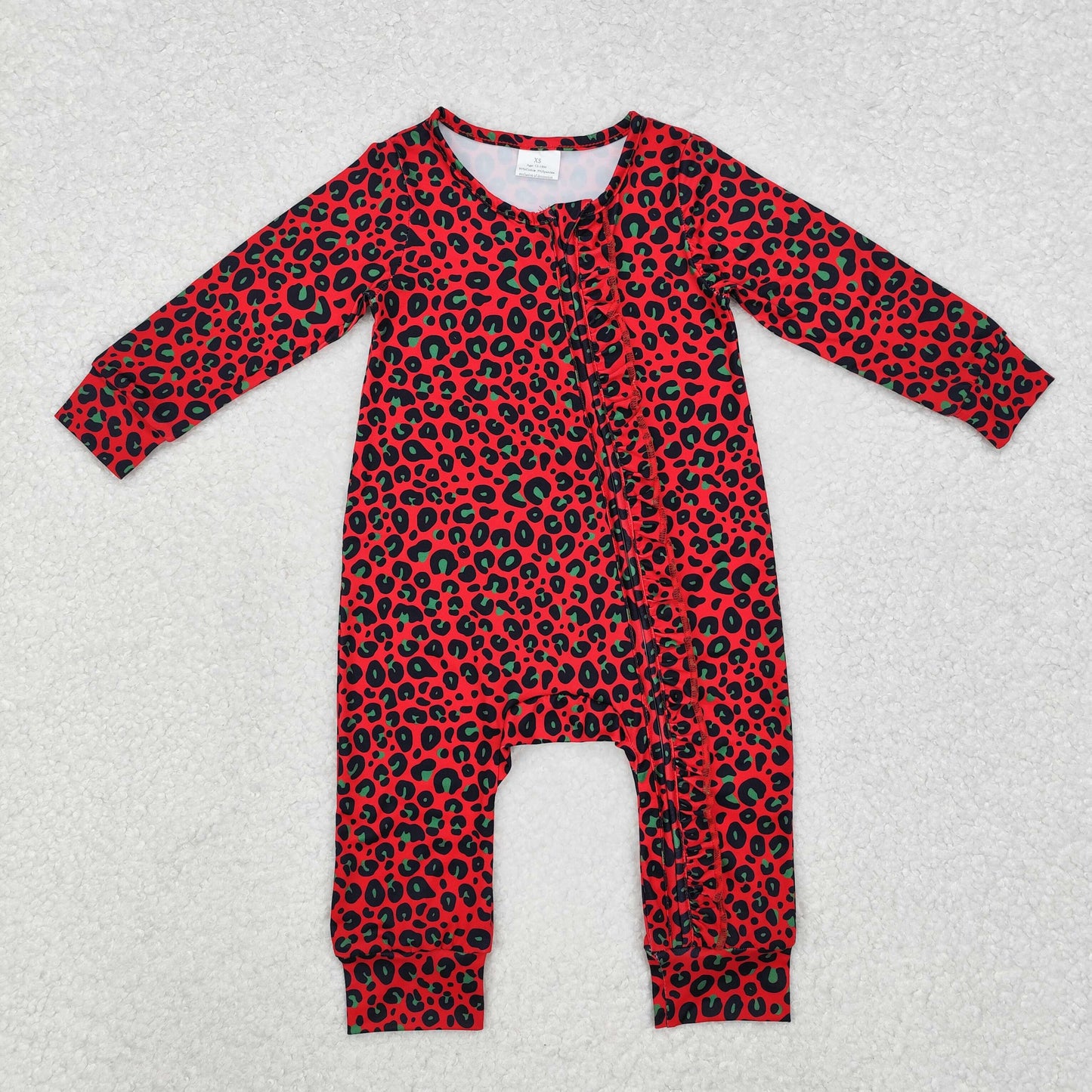 LR1962 Green red leopard baby girls Christmas zipper romper