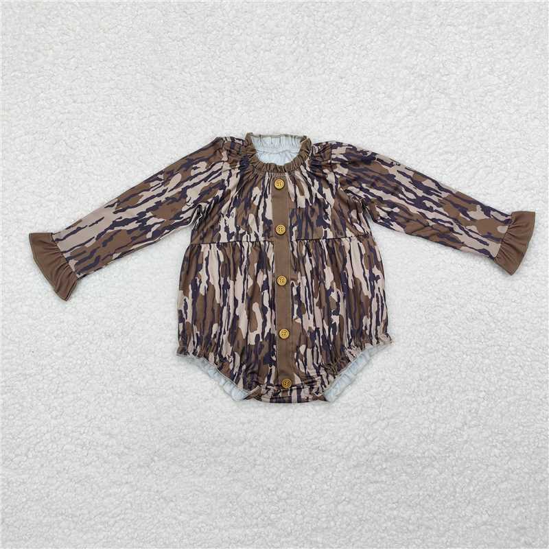 LR1977Ruffle long sleeves bottomland camo button baby girls romper