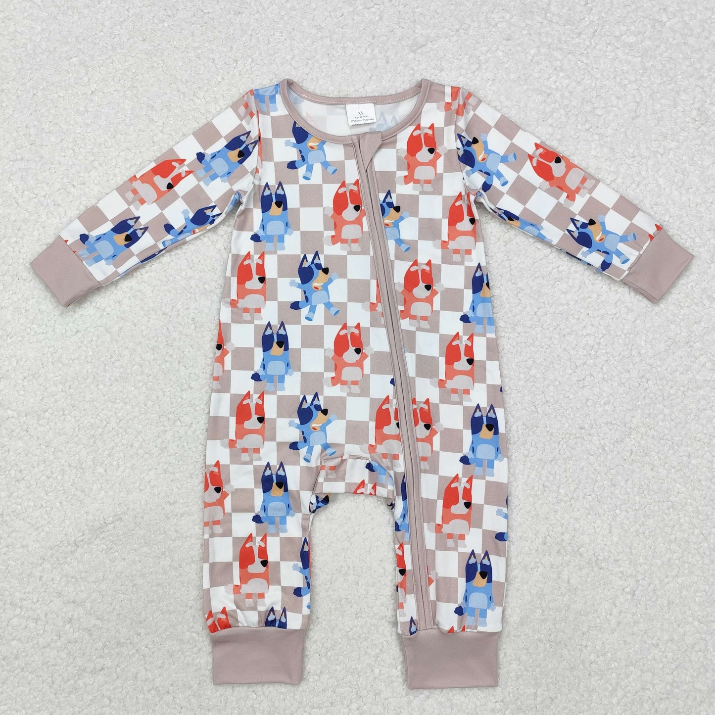 LR1990 Khaki plaid dog baby boys zipper romper