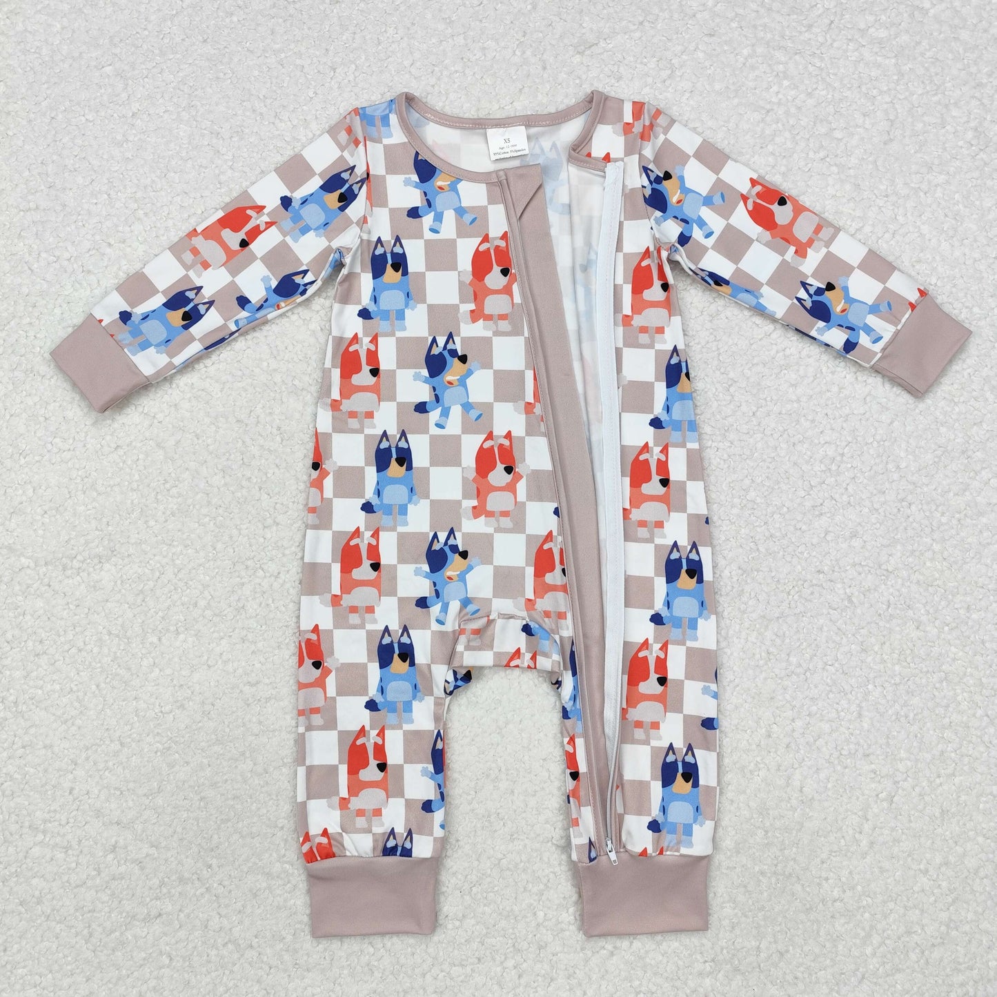 LR1990 Khaki plaid dog baby boys zipper romper