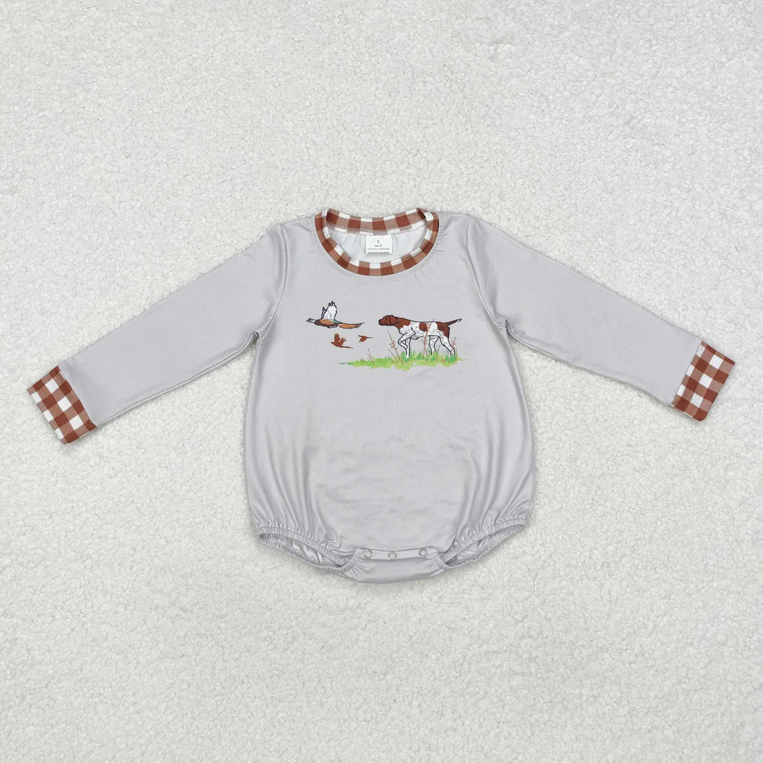 12.15 RTS Sibling Boys Baby Infant Girls Grey Dog Duck Hunting Rompers