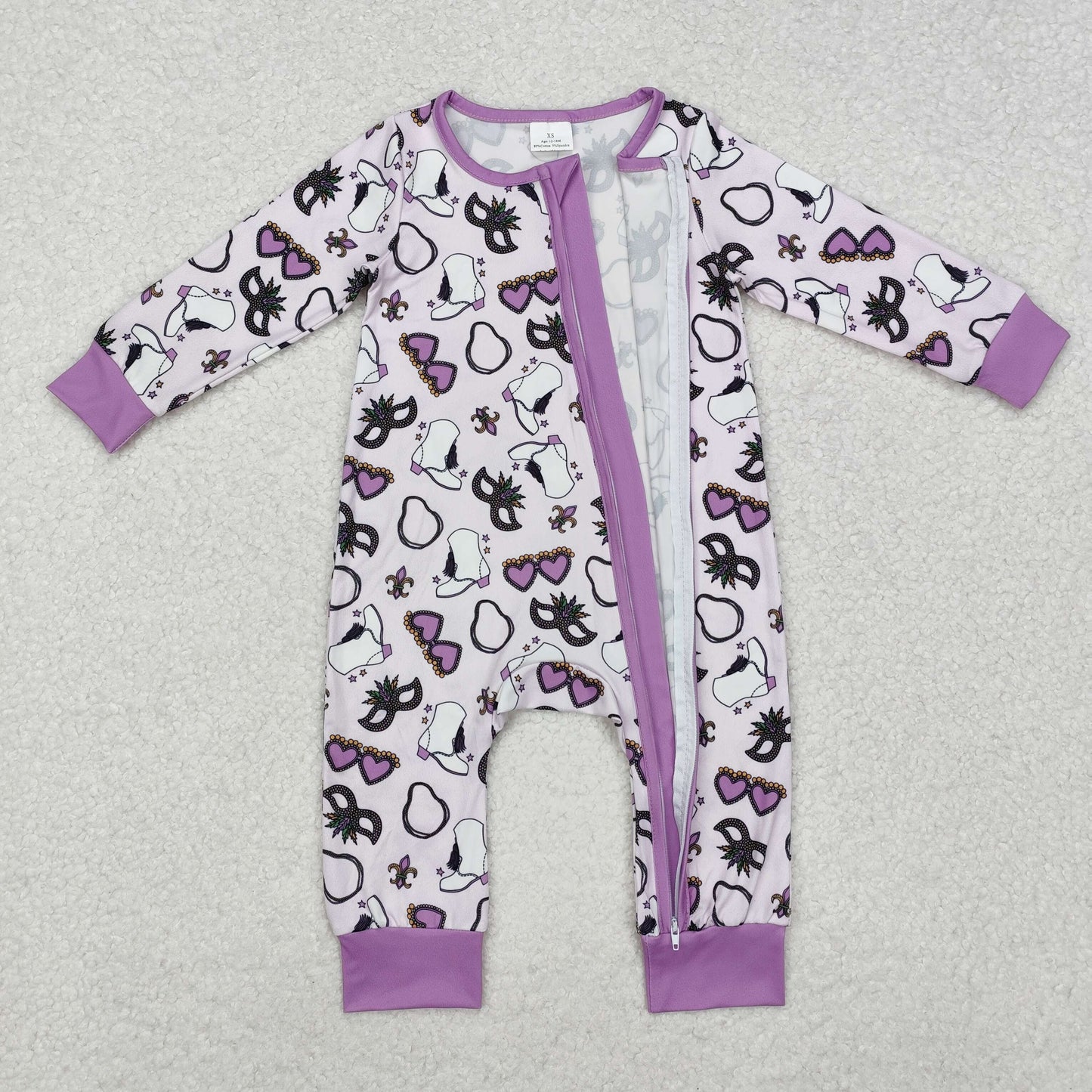 LR2038 Purple glasses baby girls Mardi Gras zipper romper