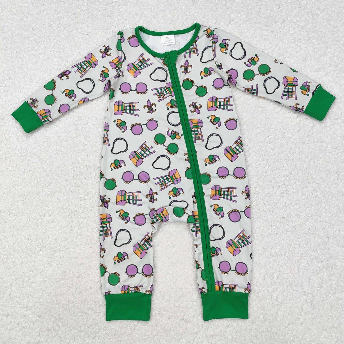 10.22 RTS Sibling Baby Boys Girls Long Sleeves Mardigras Two Way Zip Convertible Rompers