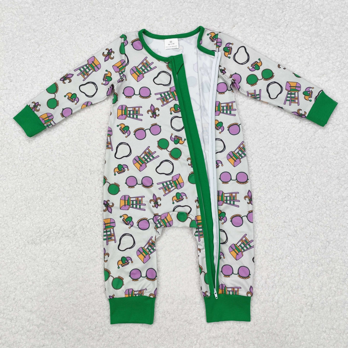 LR2039 Green glasses baby boys Mardi Gras zipper romper