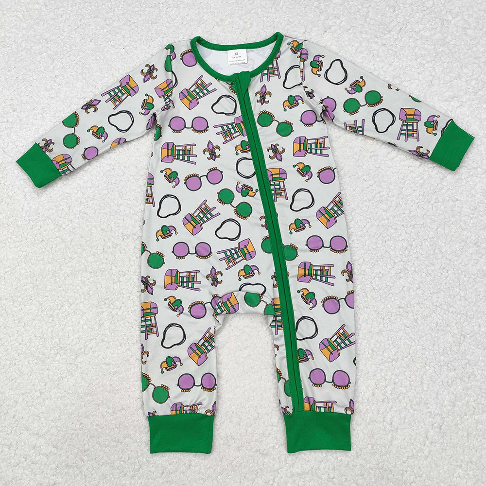 1.19 RTS Sibling Baby Boys Green Mardi Gras Rompers Pajamas