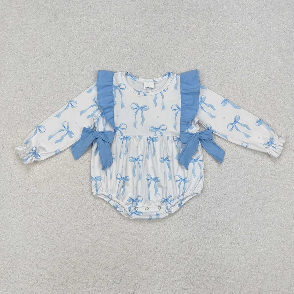 1.19 RTS Sibling Baby Girls Blue Bows Rompers Clothes Sets