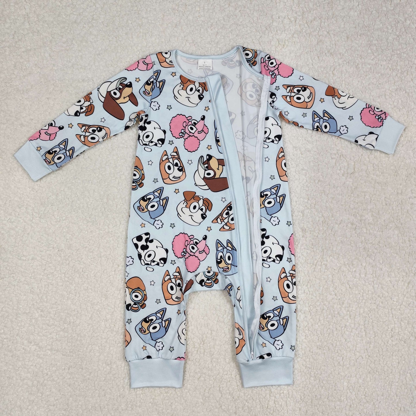 LR2062Light Blue Long Sleeve Dog Print Baby Kids Zipper Romper for Infants Boys Girls Comfortable Soft Clothing