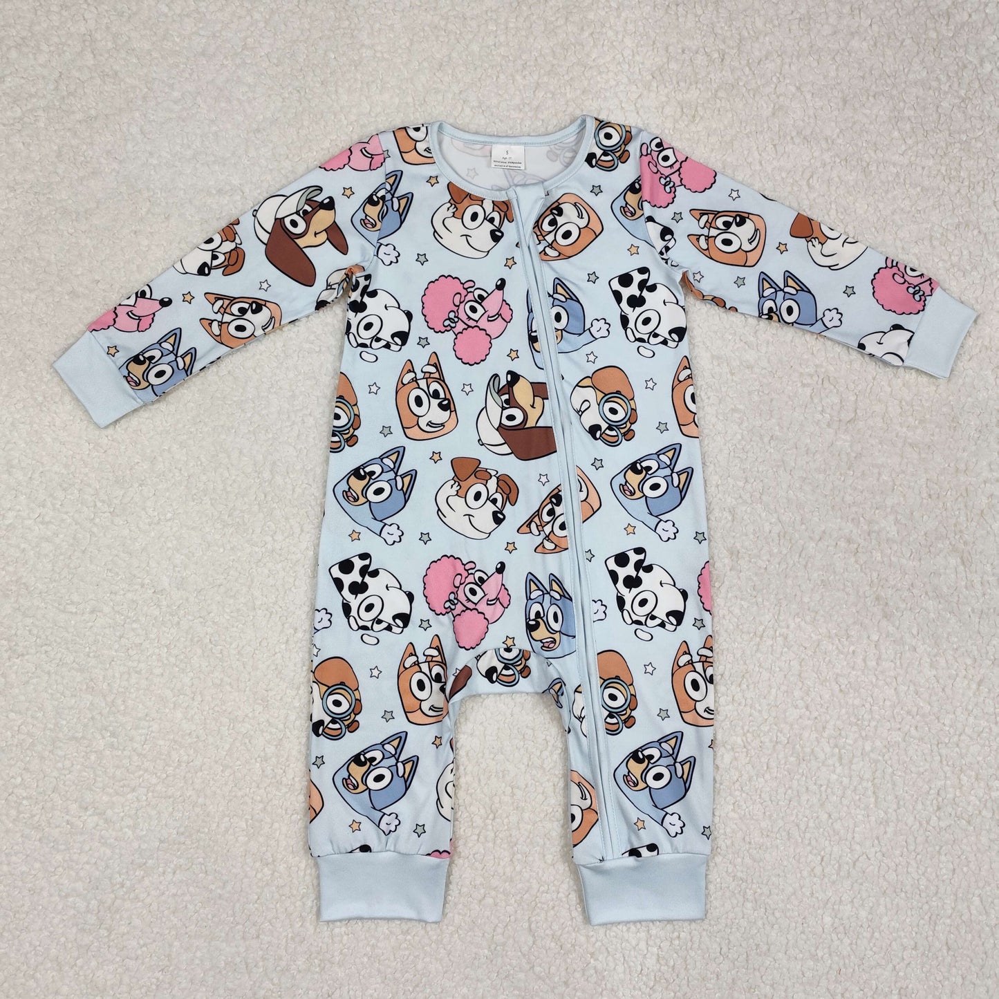 LR2062Light Blue Long Sleeve Dog Print Baby Kids Zipper Romper for Infants Boys Girls Comfortable Soft Clothing