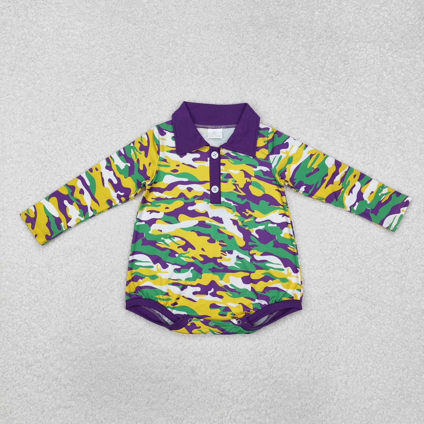 LR2068 Green yellow purple camo baby boy Mardi Gras polo romper