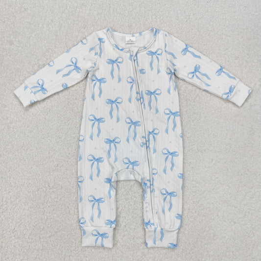 USA Shop (in stock)LR2070Long sleeves light blue bow cable knit baby girl zipper romper