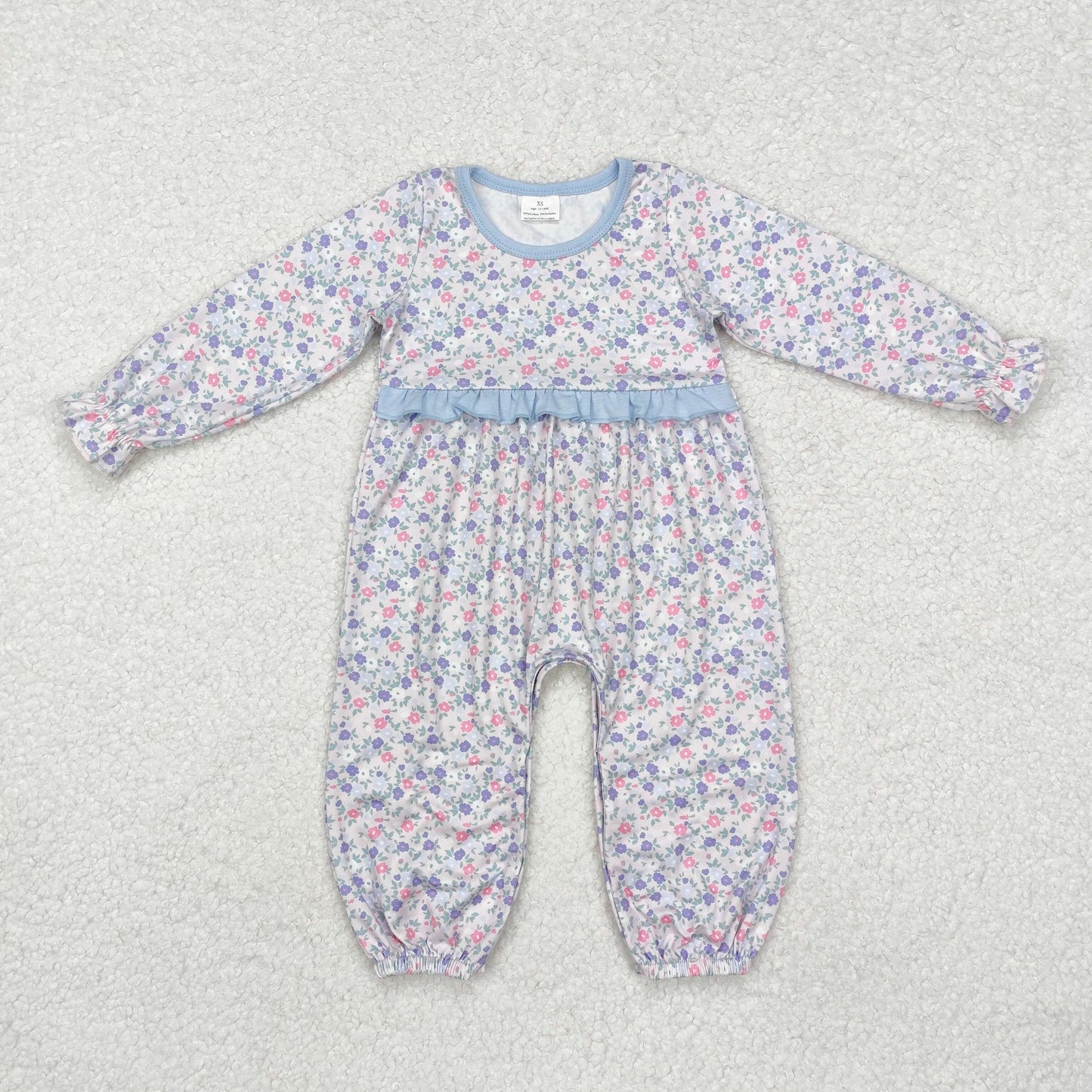 LR2072Long sleeves light blue ruffle floral baby girls romper