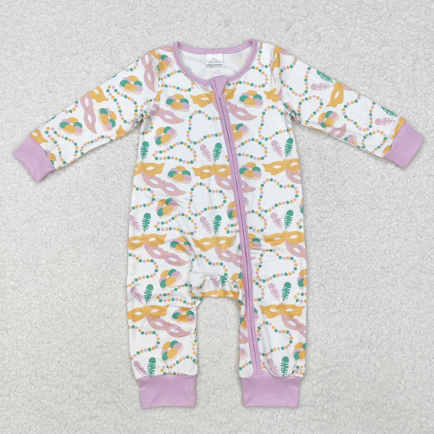 LR2097Lavender baby girls mardi gras bamboo zipper romper