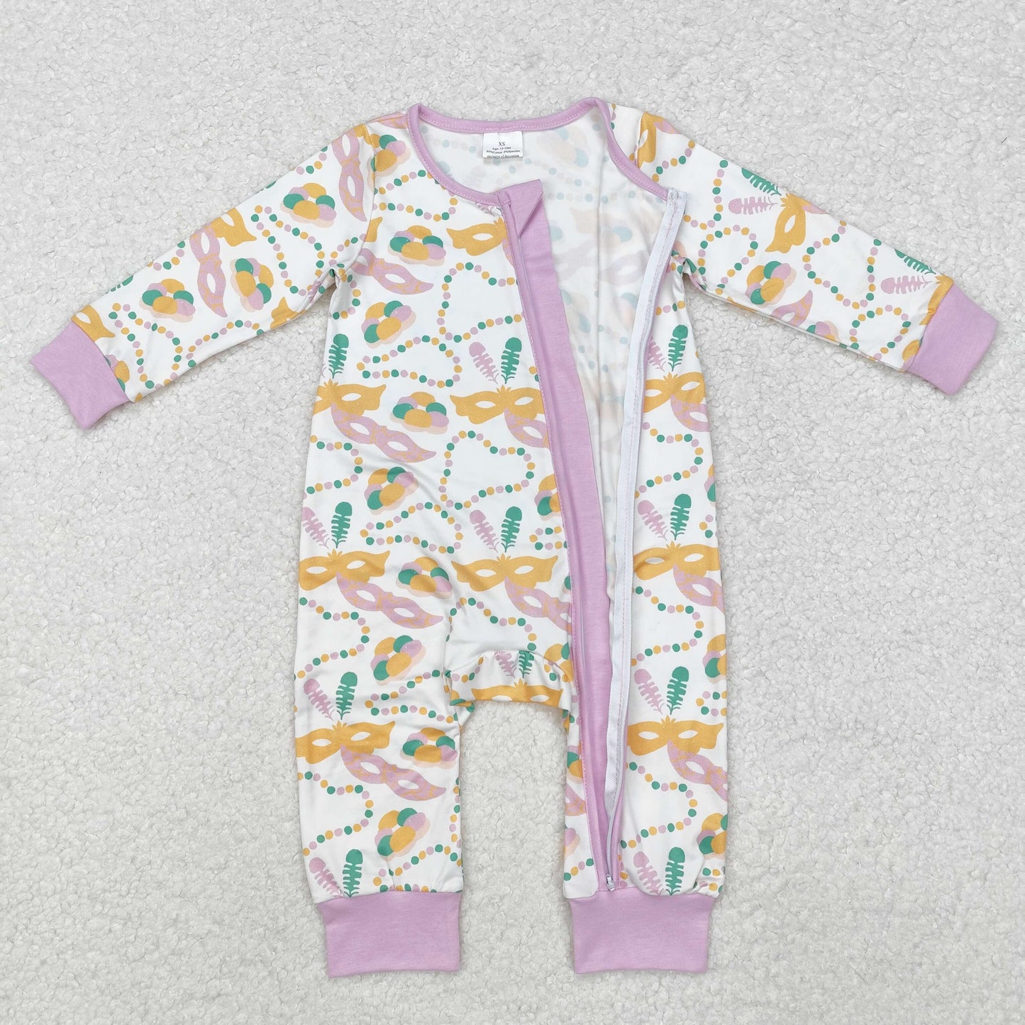 LR2097Lavender baby girls mardi gras bamboo zipper romper