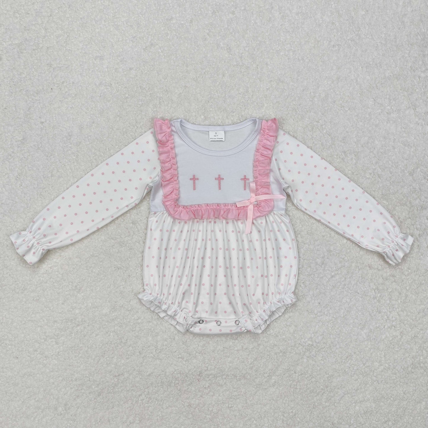 LR2136Pink polka dots cross baby girls Easter romper