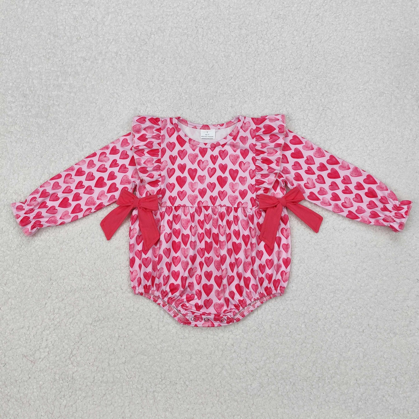 LR2146Long sleeves pink heart bow baby girls valentine's romper