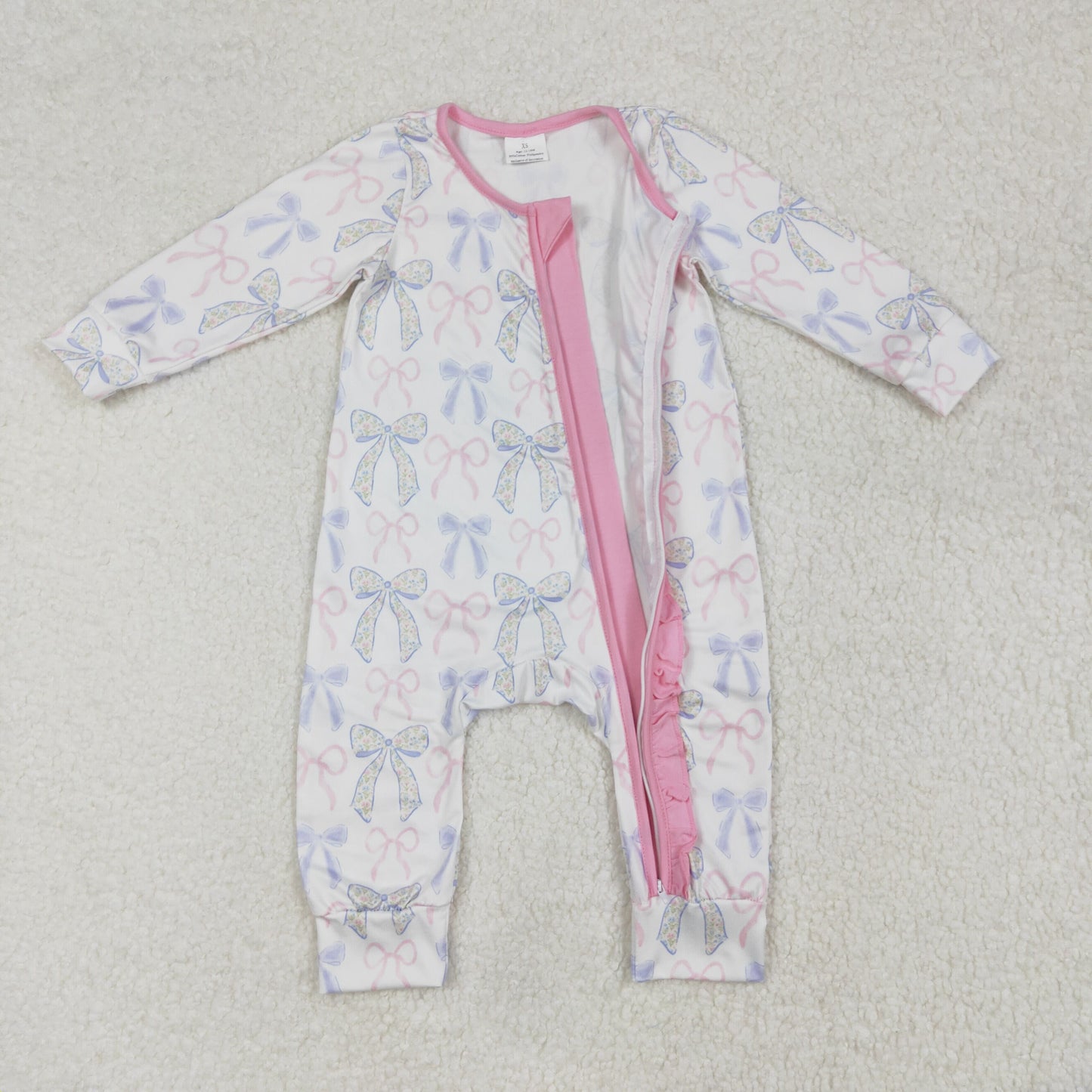 LR2158Baby Girls’ Adorable Long-Sleeved Pink Ruffle Bow Romper for Any Occasion