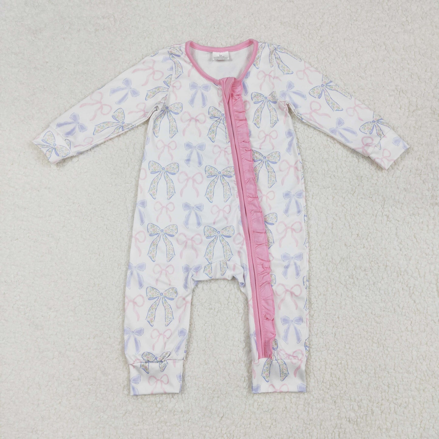 LR2158Baby Girls’ Adorable Long-Sleeved Pink Ruffle Bow Romper for Any Occasion