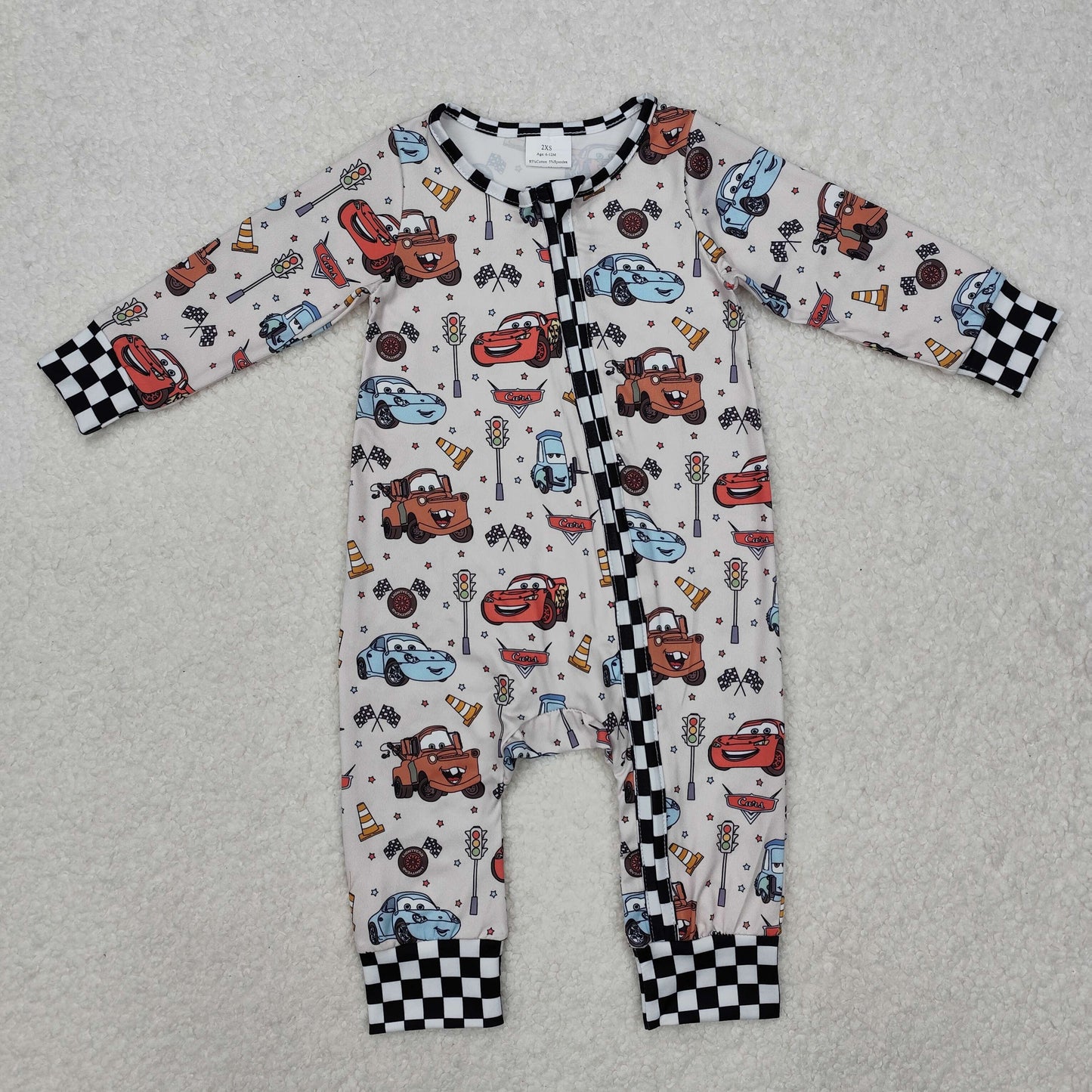 LR2160Baby Infant Boys Racing Flag Zip Rompers