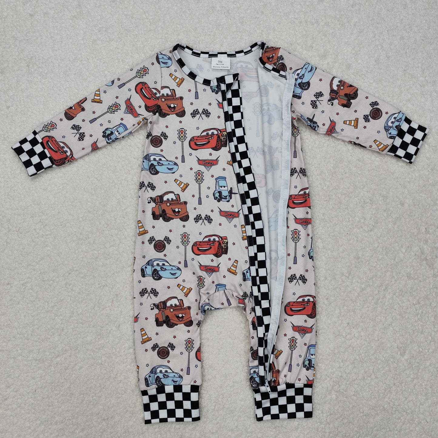 LR2160Baby Infant Boys Racing Flag Zip Rompers