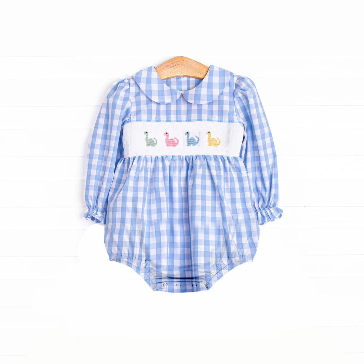 LR2178 Pre order Blue plaid long sleeves dinosaur baby girls romper