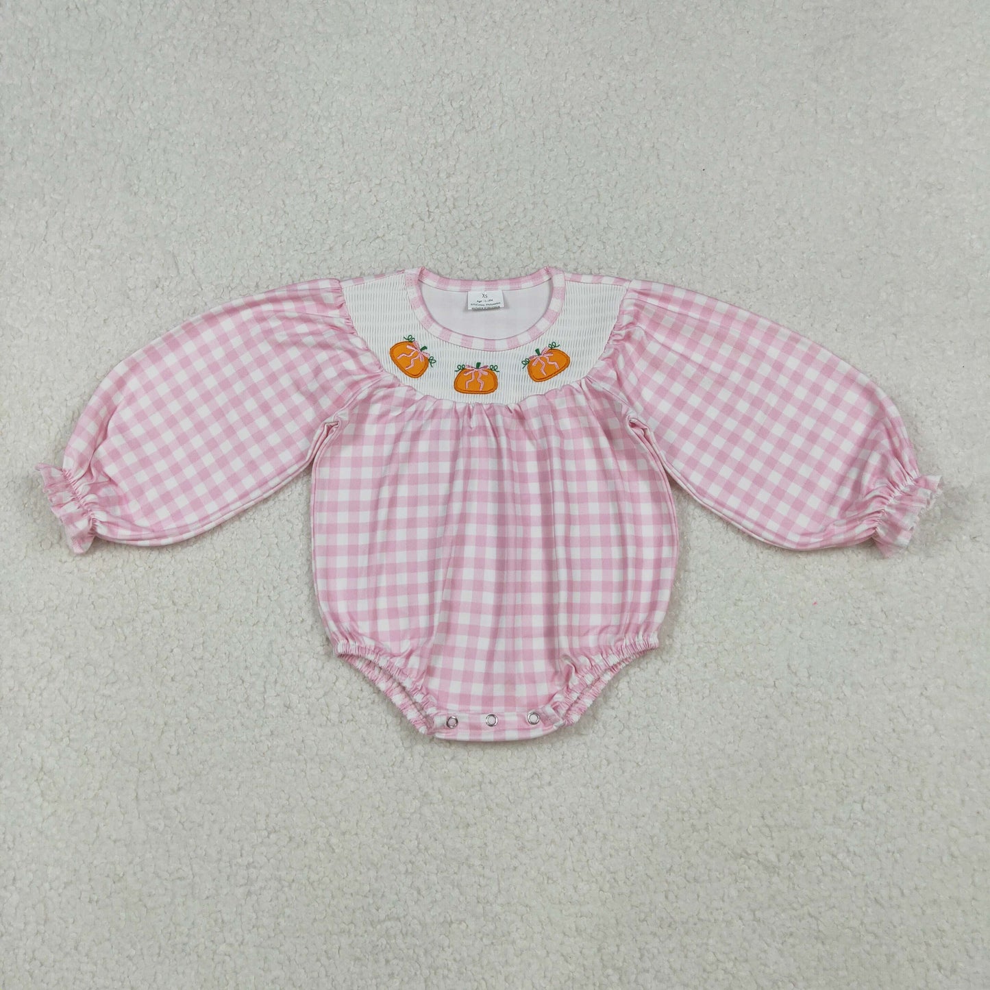 10.10 RTS NO MOQ (In stock)LR2181 Baby Girls Winter Rompers Smocked Pumpkins Baby Girls Pink Checked Fall Rompers