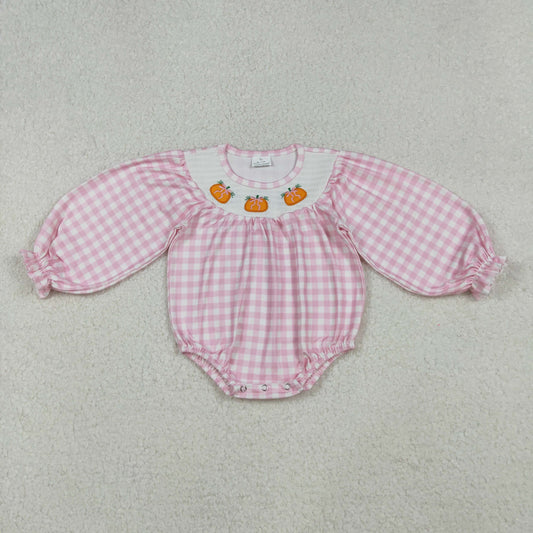 10.10 RTS NO MOQ (In stock)LR2181 Baby Girls Winter Rompers Smocked Pumpkins Baby Girls Pink Checked Fall Rompers