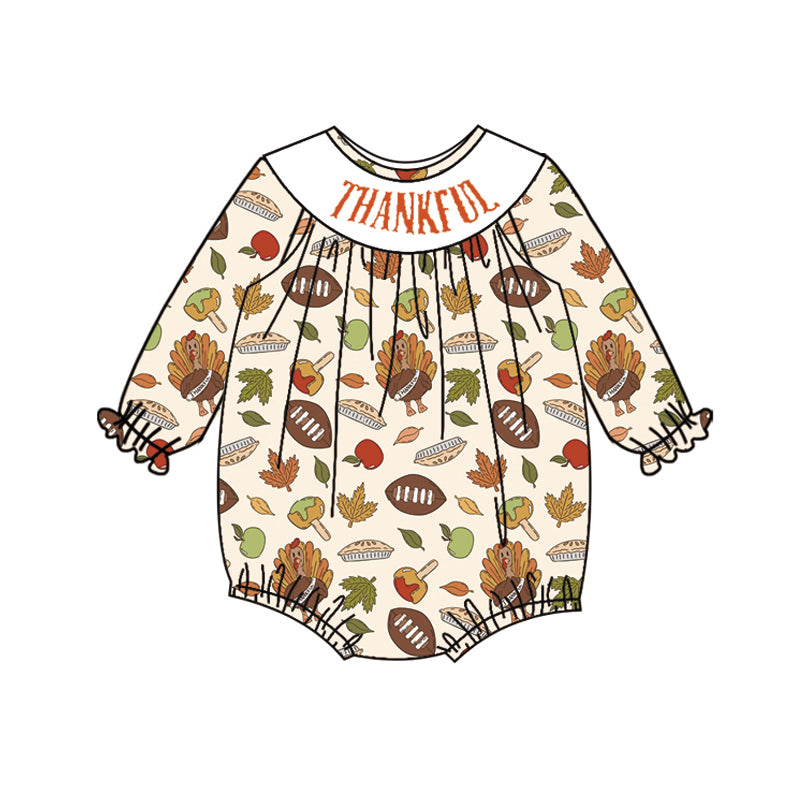 4.26 LR2183 Pre order Long sleeves football turkey girls Thanksgiving romper