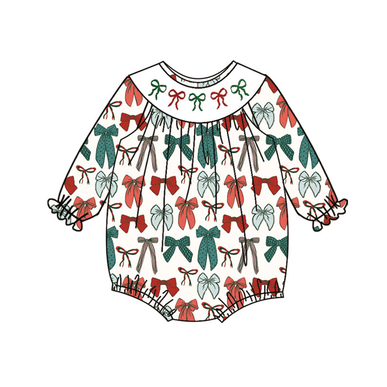 4.26 LR2185 Pre order Long sleeves green red bow girls Christmas romper