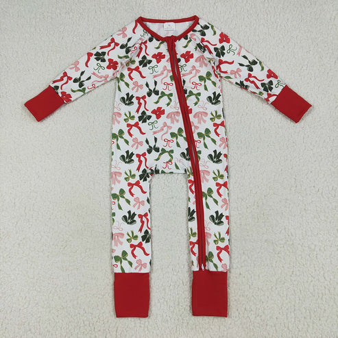 USA Warehouse (IN STOCK) Matching Christmas LR2203 Baby Girls Christmas Red Green Bows Zipper Footie Rompers
