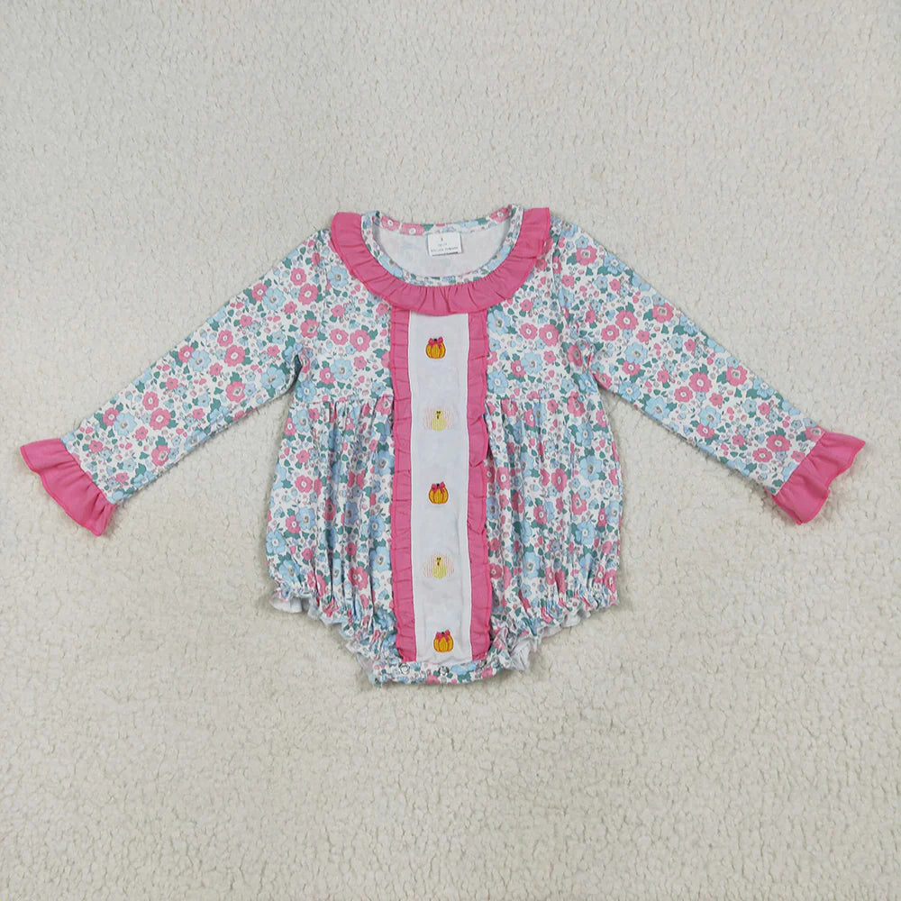 10.3 RTS Sibling Embroidery Baby Girls Floral Turkey Pumpkins Rompers Dresses Sets