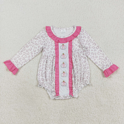 9.29 RTS Sibling Embroidery Bows Pumpkins Baby Girls Leopard Fall Rompers Dresses Outfits