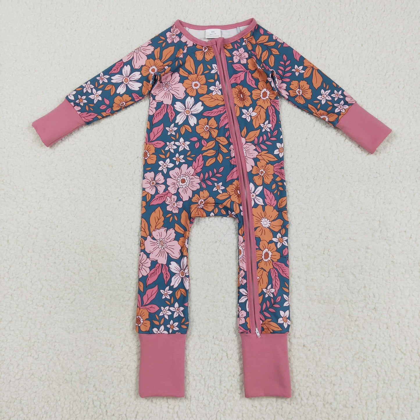8.25 RTS NO MOQ (In stock)LR2244 Baby Girls Winter Rompers Baby Girls Lavender Long Sleeves Floral Zipper Rompers