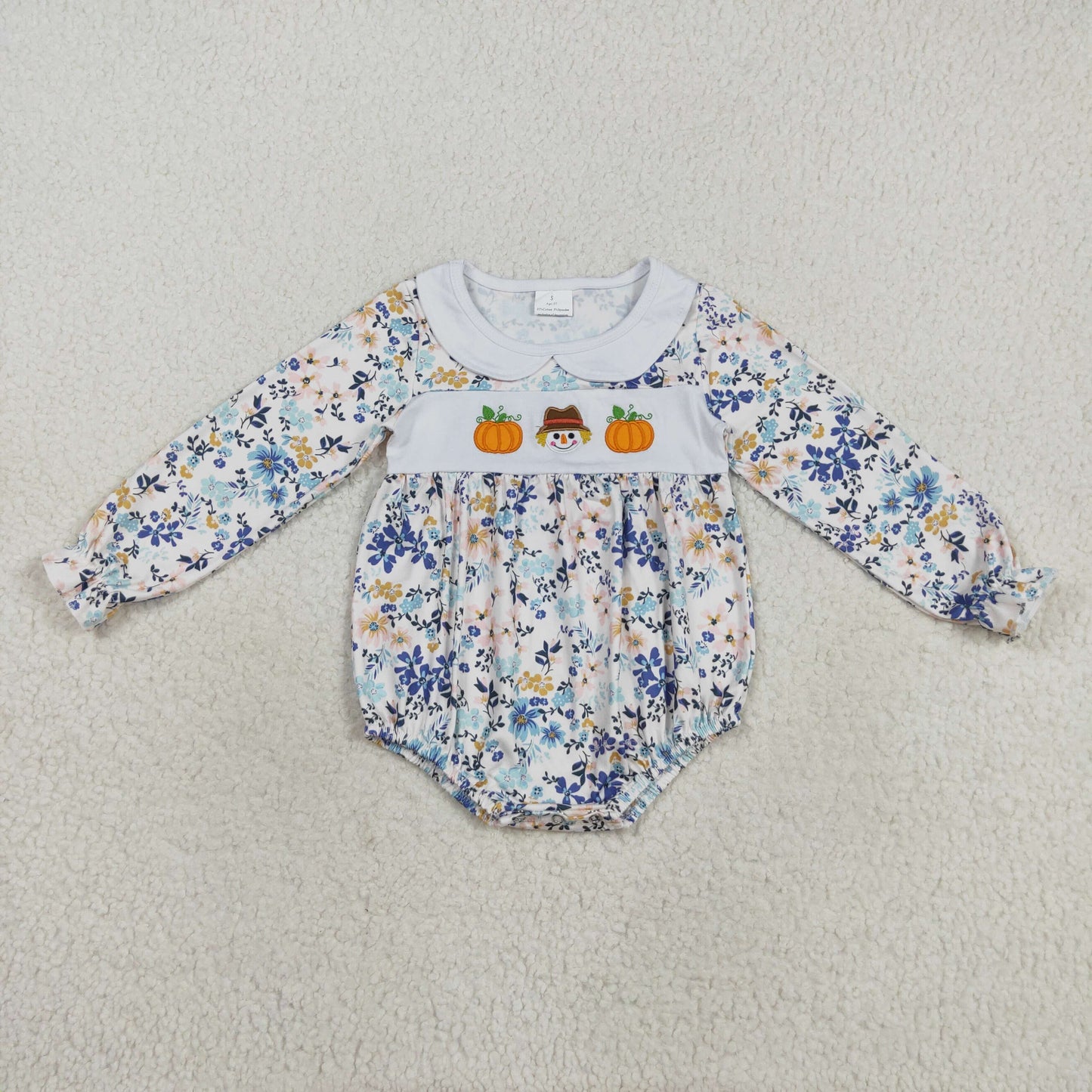 RTS NO MOQ (In stock)LR2246 Baby Girls Winter Rompers Embroidery Pumpkins Scarecrow Baby Girls Floral Ruffle Rompers
