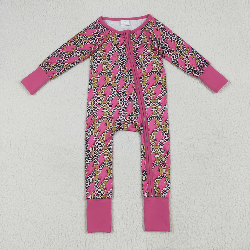 10.2 RTS Sibling Baby Girls Western Pink Lightning Leopard Rompers Pajamas