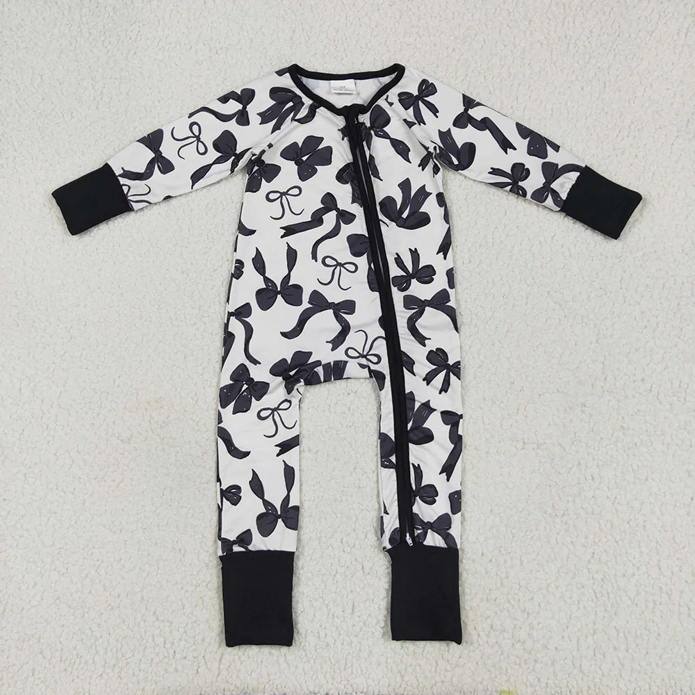 10.3 RTS Sibling Baby Girls Long Sleeves Black Bows Rompers Pajamas