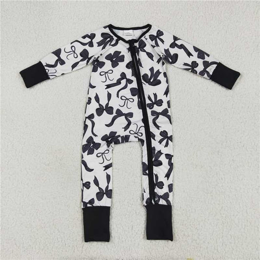 USA Warehouse (IN STOCK) LR2253 Baby Girls Long Sleeve Zipper Romper with Black Bows Cute And Fashionable Clothing for Infants
