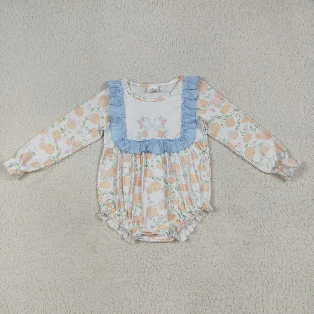 10.1 RTS Sibling Baby Girls Pumpkins Flowers Bib Rompers Dresses