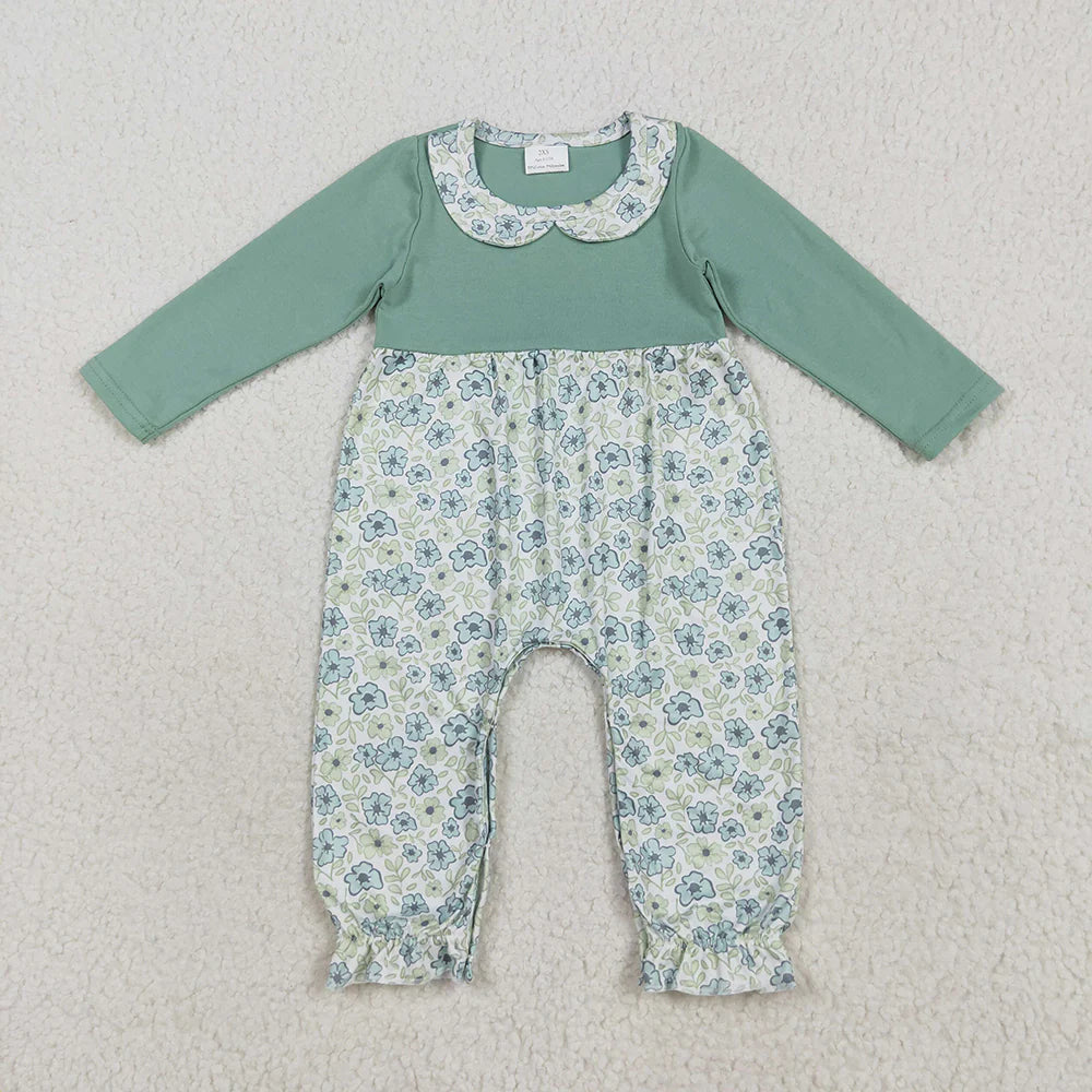10.1 RTS Sibling Baby Girls Green Floral Rompers Dressses Outfits Sets